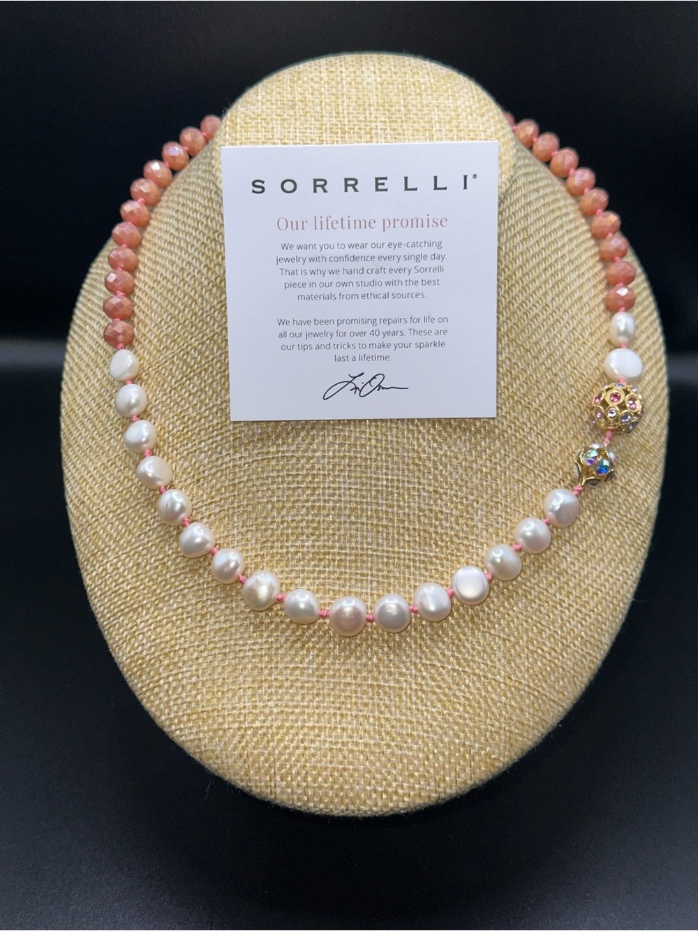 Sorrelli Pink Crystal and White Pearl Necklace with Decorative Accent